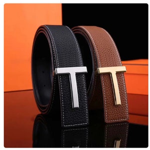 Ceinture pour homme en cuir véritable, Ceinture à boucle en T, Ceinture à boucle en T tendance, Ceinture décontractée pour homme image 2