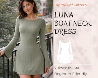 Naaipatroon mini-jurk met boothals, uitlopende mouw, open achterkant (pdf-patroon XS–3XL)