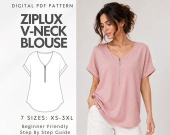 May include: A digital PDF sewing pattern for a Ziplux V-neck blouse. The pattern includes a line drawing of a short-sleeved blouse with a front zipper, available in seven sizes from XS to 3XL. A model wears the finished dusty pink blouse.