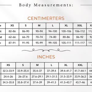 May include: A body measurement chart with two tables labeled Centimeters and Inches. The tables list sizes from XS to XXXL with corresponding bust, waist, and hip measurements in inches and centimeters for accurate garment sizing reference.