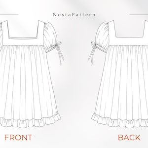 May include: A black and white technical fashion sketch labeled NostaPattern showing the front and back views of a dress. The dress features a square neckline, short puff sleeves with tie-up details, a gathered bodice, and a ruffled hemline.