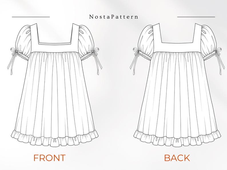 May include: A black and white technical fashion sketch labeled NostaPattern showing the front and back views of a dress. The dress features a square neckline, short puff sleeves with tie-up details, a gathered bodice, and a ruffled hemline.
