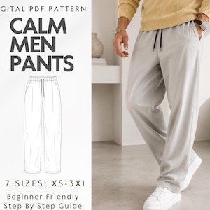 Patrón de costura en PDF para pantalones anchos de hombre, patrón de pantalones rectos, pantalones deportivos holgados estilo streetwear coreano, cintura con cordón ajustable, tallas XS-XXXL