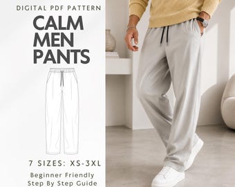 Naaipatroon voor een wijde herenbroek (PDF), patroon voor een rechte broek, baggy Koreaanse streetwear joggingbroek, taille met trekkoord, maten XS-XXXL
