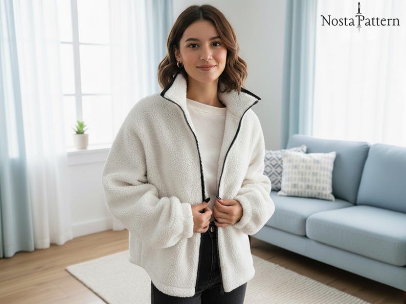 Puede incluir: Chaqueta de forro polar color crema con cremallera y ribete negro. La chaqueta tiene un cuello alto y un aspecto suave y texturizado. La persona lleva una camiseta blanca debajo.