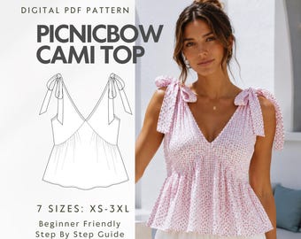May include: A digital PDF pattern for a Picnicbow Cami Top, featuring a line drawing of a sleeveless top with tie-shoulder straps and a gathered waist. The text reads: DIGITAL PDF PATTERN, PICNICBOW CAMI TOP, 7 SIZES: XS-3XL, Beginner Friendly.