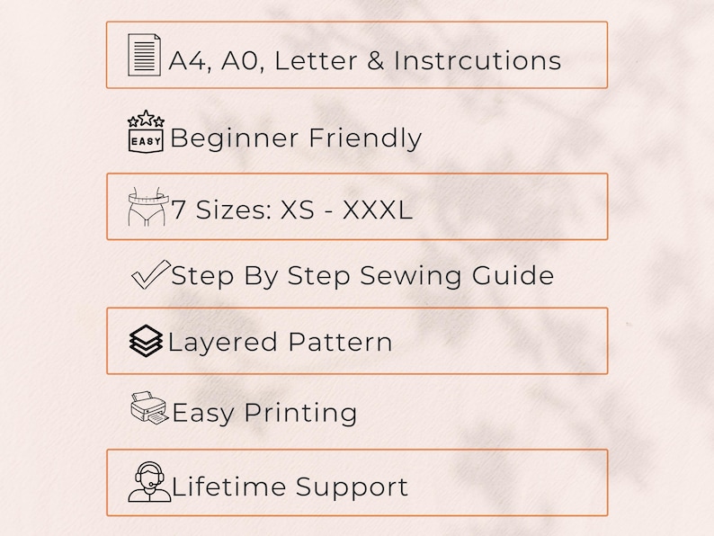 Puede incluir: Gr&aacute;fico con texto e iconos. El texto incluye "A4, A0, Letter & Instrcutions", "Beginner Friendly", "7 Tallas: XS - XXXL", "Step By Step Sewing Guide", "Layered Pattern", "Easy Printing" y "Lifetime Support".