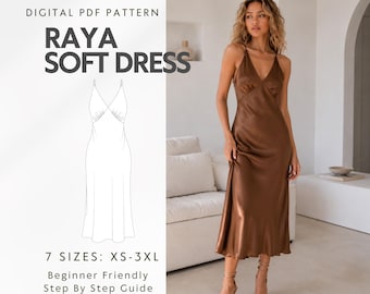 May include: A digital PDF pattern for a Raya Soft Dress, featuring a brown satin midi dress with a V-neckline and thin spaghetti straps. The image includes a technical line drawing of the dress, the text Raya Soft Dress, and 7 sizes XS-3XL.