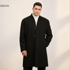 May include: A black overcoat with a mandarin collar and three buttons. The coat is worn over a white turtleneck. The brand name "Nosta Pattern" is visible in the upper left corner.