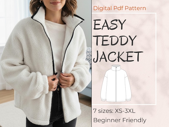 Teddy Jacket Sewing Pattern for Women, Fleece Zip-Up Jacket PDF Pattern For Winter, Oversize Coat DIY Top, Sizes XS–3XL, Beginner Friendly