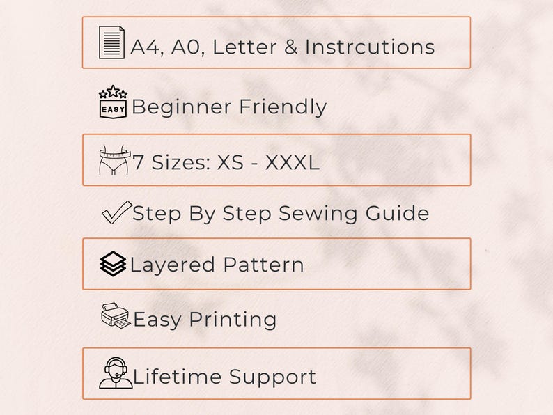 May include: Image features text boxes with sewing pattern details. Includes A4, A0, Letter & Instructions, Beginner Friendly, 7 Sizes: XS - XXXL, Step By Step Sewing Guide, Layered Pattern, Easy Printing, and Lifetime Support.
