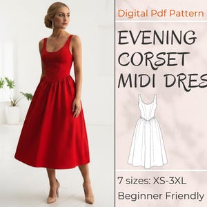 Puede incluir: Un vestido midi rojo con corpiño de corsé y falda acampanada. El vestido tiene un escote redondo y es sin mangas. La imagen también incluye el texto "EVENING CORSET MIDI DRESS" y "Digital Pdf Pattern". El patrón está disponible en tallas XS-3XL.