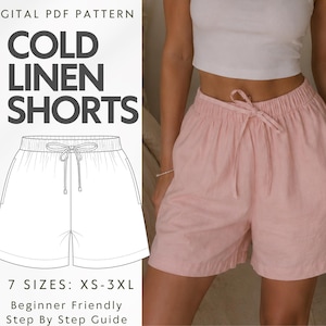 Op de afbeelding: Een digitaal PDF-patroon voor linnen shorts, met een lijntekening van een short met een elastische tailleband met trekkoord en zijzakken. De tekst luidt: DIGITAL PDF PATTERN COLD LINEN SHORTS 7 SIZES: XS-3XL Beginner Friendly Step By Step Guide.