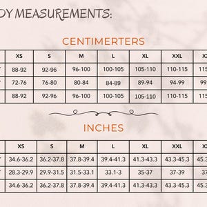 May include: A chart with body measurements in centimeters and inches. The chart includes chest, waist, and hip measurements for sizes XS to XXXL. The chest measurements range from 34.6 to 47.2 inches.