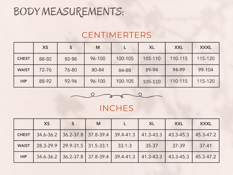 May include: A chart with body measurements in centimeters and inches. The chart includes chest, waist, and hip measurements for sizes XS to XXXL. The chest measurements range from 34.6 to 47.2 inches.