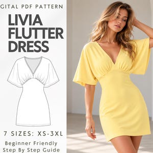 Puede incluir: Un patrón digital en PDF para el vestido Livia Flutter, que muestra un vestido corto amarillo con escote en V y mangas con vuelo. El gráfico incluye un dibujo técnico del vestido, el texto Livia Flutter Dress y 7 tallas XS-3XL.