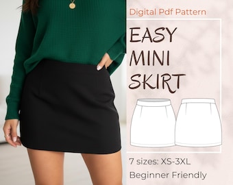 Patrón de costura de minifalda en PDF, falda corta de cintura alta, tutorial de falda con cremallera para tallas grandes, diseño moderno DIY a medida, tallas XS-3XL, ideal para principiantes.