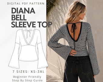 May include: A digital PDF pattern for a Diana Bell Sleeve Top, featuring a line drawing of a long-sleeved top with a deep V-neck and tie closure. The image shows a black and white striped top with flared sleeves and a back tie, available in 7 sizes.