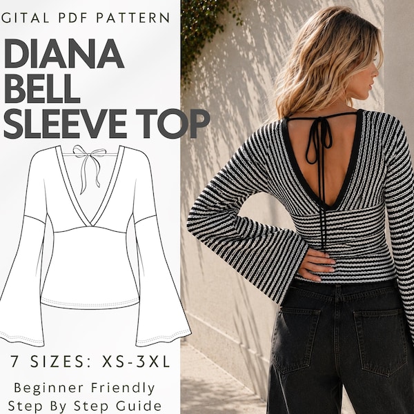 Patrón de costura para top de manga larga con cuello en V, top ajustado con espalda descubierta y lazo, blusa entallada con mangas acampanadas, patrón para principiantes de mujer, tallas XS-3XL