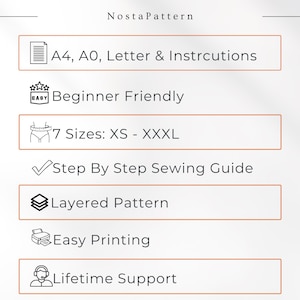 May include: A NostaPattern informational graphic listing sewing features: A4, A0, and Letter formats with instructions, beginner friendly, 7 sizes from XS to XXXL, step-by-step sewing guide, layered pattern, easy printing, and lifetime support.