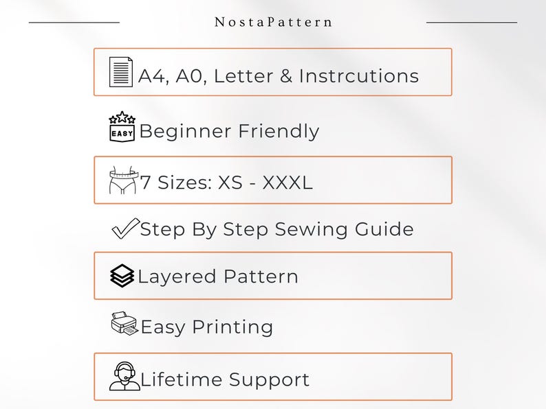 May include: A NostaPattern informational graphic listing sewing features: A4, A0, and Letter formats with instructions, beginner friendly, 7 sizes from XS to XXXL, step-by-step sewing guide, layered pattern, easy printing, and lifetime support.