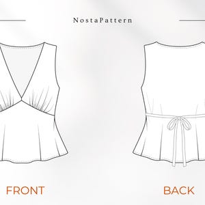 Peut inclure: Un dessin au trait noir et blanc d'un haut sans manches &eacute;tiquet&eacute; NostaPattern. La vue de face montre un d&eacute;collet&eacute; en V profond avec du tissu fronc&eacute; sous la poitrine. La vue arri&egrave;re pr&eacute;sente une encolure simple et un lien &agrave; la taille.