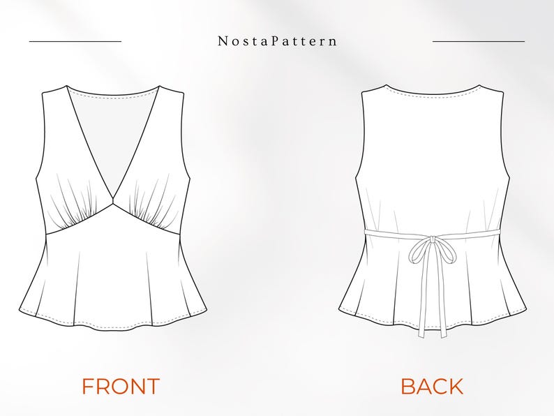 Peut inclure: Un dessin au trait noir et blanc d'un haut sans manches &eacute;tiquet&eacute; NostaPattern. La vue de face montre un d&eacute;collet&eacute; en V profond avec du tissu fronc&eacute; sous la poitrine. La vue arri&egrave;re pr&eacute;sente une encolure simple et un lien &agrave; la taille.