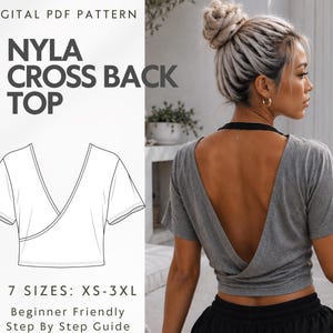 May include: A digital PDF pattern for a Nyla cross back top, featuring a line drawing of a short-sleeved wrap-style shirt with a deep V-neckline. The text reads Digital PDF Pattern, Nyla Cross Back Top, 7 Sizes: XS-3XL, Beginner Friendly Step By Step Guide.