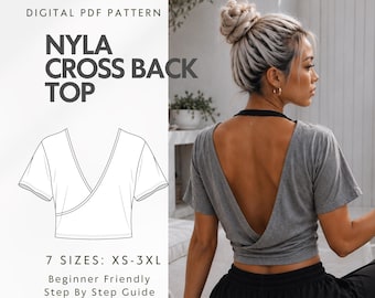 Nyla Cross Back Top PDF Sewing Pattern, Backless Crop Top Pdf Pattern, Criss Cross Wrap Top, Cropped T Shirt Pattern, Easy Beginner Sewing