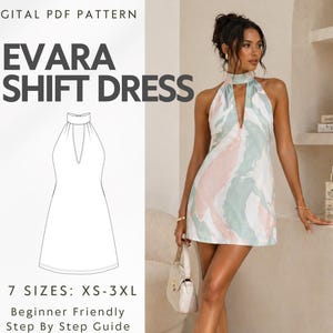 Puede incluir: Se muestra un patrón PDF digital para un "Vestido Evara Shift", con un dibujo lineal del vestido. El vestido es de estilo halter con cuello en V. La modelo lleva un vestido similar con un diseño de acuarela pastel.