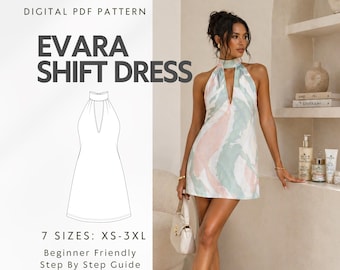Shift Mini Dress Pdf Sewing Pattern, Easy Sleeveless Dress With V Neck, Backless Fitted Short Dress For Summer, Beginner Friendly, XS-3XL