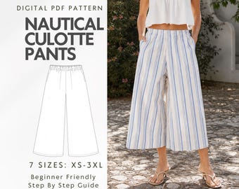 May include: Digital PDF pattern for nautical culotte pants featuring a white and blue vertical striped design. The pattern includes seven sizes from XS to 3XL, a technical line drawing, and a step-by-step guide for these wide-leg cropped trousers.