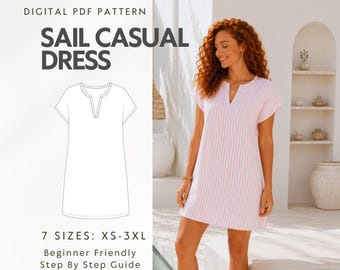 V Neck Tunic Dress PDF Sewing Pattern, Notch Neck Shift Dress, Beach Linen Pattern, Loose Summer Dress, Sizes XS-3XL, Beginner Friendly