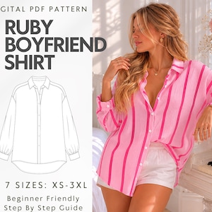 May include: A digital PDF pattern for a Ruby Boyfriend Shirt, featuring a line drawing of a long-sleeved button-down shirt with a collar. The text reads Digital PDF Pattern, Ruby Boyfriend Shirt, 7 Sizes: XS-3XL, and Beginner Friendly Step By Step Guide.
