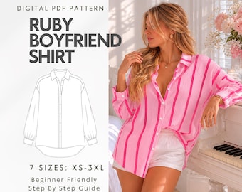 Oversized shirt PDF naaipatroon, makkelijke boyfriend blouse voor dames, top met knoopsluiting voor de zomer, unisex casual doe-het-zelf shirt met verlaagde schouders