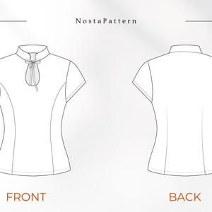 Peut inclure: Un dessin technique au trait d'un chemisier &agrave; manches courtes &eacute;tiquet&eacute; NostaPattern. La vue de face pr&eacute;sente un col officier avec une d&eacute;coupe en forme de goutte d'eau et un lien &agrave; nouer. La vue arri&egrave;re montre un design uni avec des coutures.