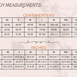 Puede incluir: Tabla de medidas corporales con medidas de busto, cintura y cadera en cent&iacute;metros y pulgadas. Tallas de la XS a la XXXL. La tabla proporciona medidas de busto (82-118 cm), cintura (62-98 cm) y cadera (87-123 cm).