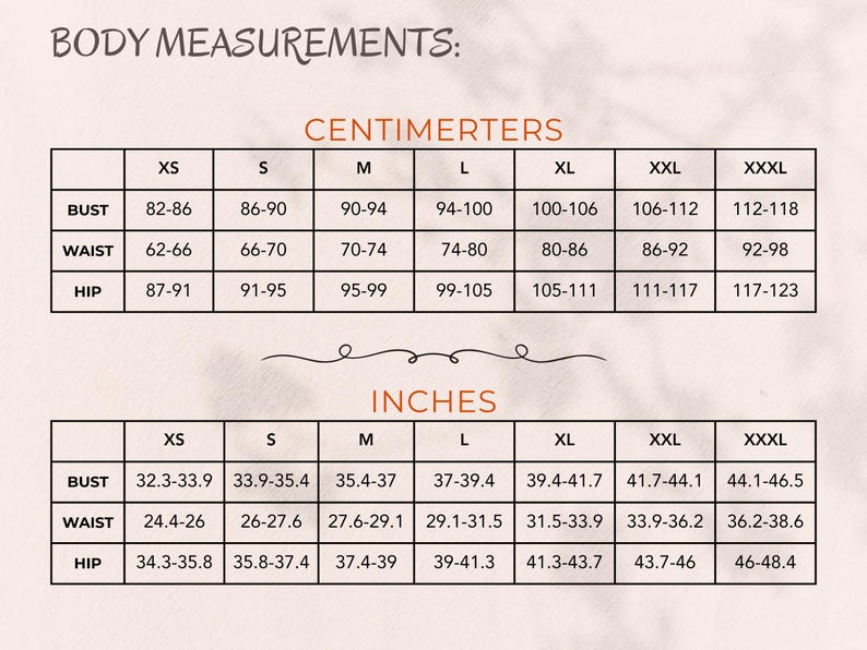 Puede incluir: Tabla de medidas corporales con medidas de busto, cintura y cadera en cent&iacute;metros y pulgadas. Tallas de la XS a la XXXL. La tabla proporciona medidas de busto (82-118 cm), cintura (62-98 cm) y cadera (87-123 cm).