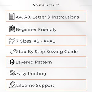 May include: A graphic with text and icons promoting a sewing pattern. The text includes "A4, A0, Letter & Instructions", "Beginner Friendly", "7 Sizes: XS - XXXL", "Step By Step Sewing Guide", "Layered Pattern", "Easy Printing", and "Lifetime Support". The brand name "NostaPattern" is at the top.