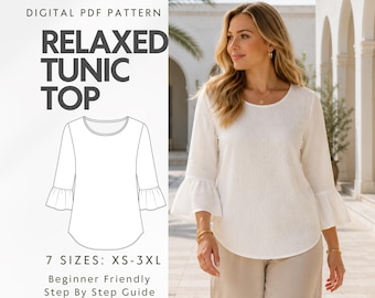 Ruffle Sleeve Tunic Top Sewing Pattern, Relaxed Linen Blouse With Bell Sleeve, Summer Loose Top, Round Neck Women Top, Beginner Friendly