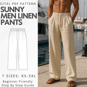 Schnittmuster für Herren-Leinenhosen, weite Hosen mit Kordelzug, Boho-Strandhosen, gerades Sommerhosen-Schnittmuster (PDF) für Herren