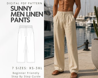 Men's Linen Pants Sewing Pattern, Wide Leg Drawstring Trousers, Boho Beach Vacation Pants, Straight Leg Summer Pants PDF Pattern for Men