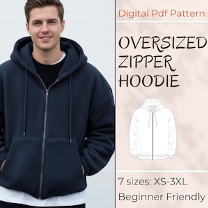 Pode incluir: Um casaco com capuz e zíper azul marinho oversized com fecho de zíper frontal e capuz. A imagem inclui texto: "Digital PDF Pattern", "OVERSIZED ZIPPER HOODIE" e "7 sizes: XS-3XL". O padrão é adequado para iniciantes.