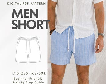 Easy Men Shorts Sewing Pattern PDF, Drawstring Pocket Shorts Pattern, Summer Elastic Waistband Shorts, Beginner Loungewear Linen Pattern