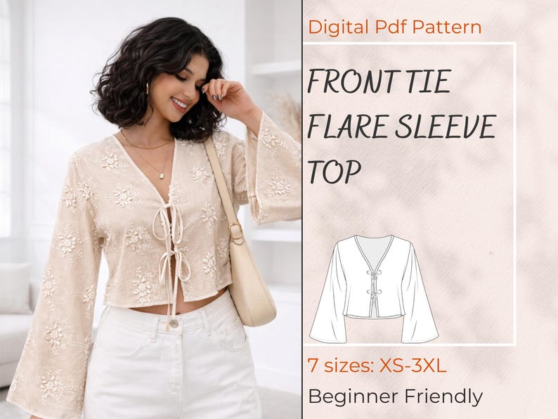 Flare Sleeve Top Sewing Pattern PDF, Easy Front Tie Blouse Pattern ...