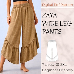 May include: A pair of tan wide-leg trousers with a ruffled hem. The trousers feature an elasticated waistband and are made from a soft, textured material. The image also includes text that reads "ZAYA WIDE LEG PANTS" and "Digital Pdf Pattern".
