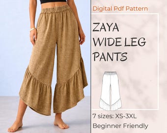 May include: Tan wide-leg pants with a ruffled hem. The pants have an elastic waistband and are made of a soft, textured fabric. The image also includes text that reads "ZAYA WIDE LEG PANTS" and "Digital Pdf Pattern".