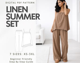 Linen Summer Set Sewing Pattern, Cami Tank Wide Leg Pants (Digital Download)