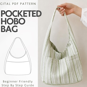 Peut inclure: Un patron PDF numérique pour un sac hobo à poches avec un motif en tissu rayé vert et blanc. L'image affiche le texte "DIGITAL PDF PATTERN", "POCKETED HOBO BAG" et "Beginner Friendly Step By Step Guide" à côté d'un dessin au trait.