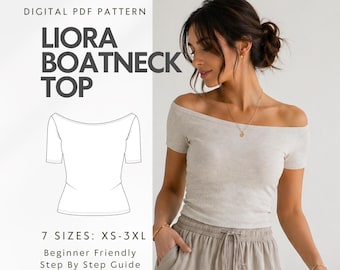 May include: A woman wearing a light gray off-the-shoulder boatneck top. The image includes a digital PDF pattern for the "Liora Boatneck Top" with a line drawing of the top, available in 7 sizes from XS to 3XL. The pattern is beginner-friendly.